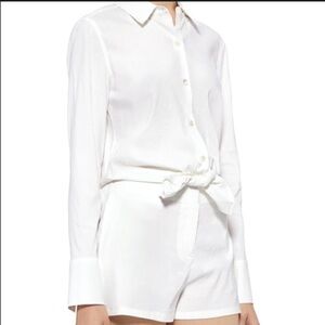 Theory Textured Linen Ranay Cut Out White Shirt Minimalist Romper Sz 4